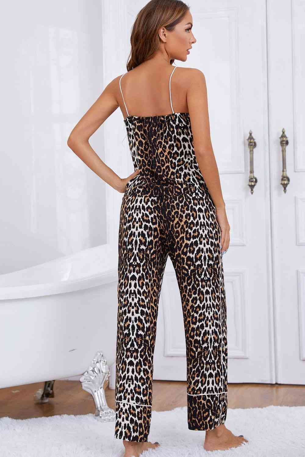 Leopard Contrast Piping Cami and Wide Leg Pants Lounge Set Trendsi
