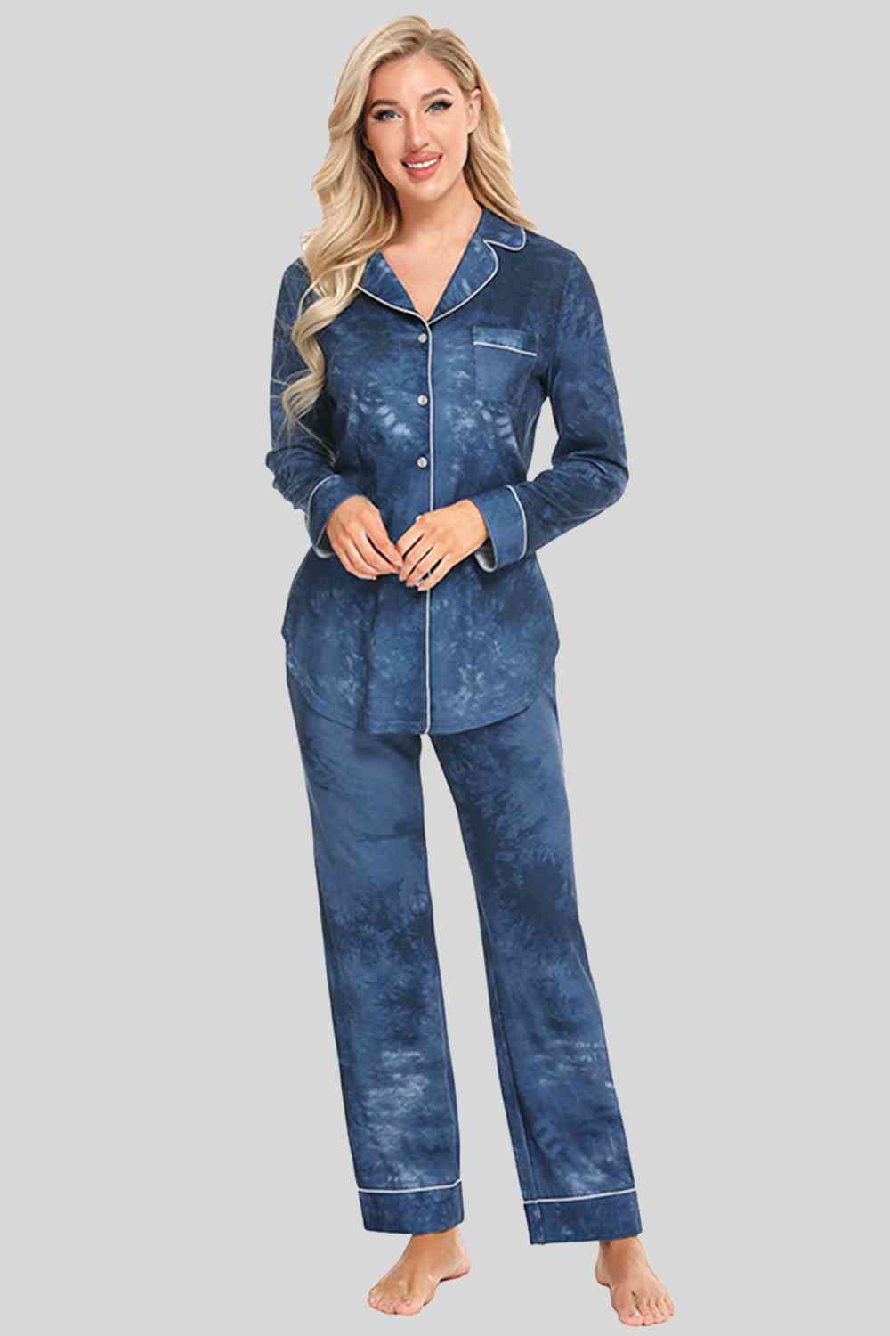 Collared Neck Long Sleeve Loungewear Set with Pockets Trendsi